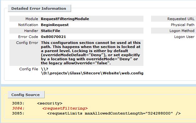 Setting Up Sitecore 6.5 - Config Error - This configuration section cannot be used at this path