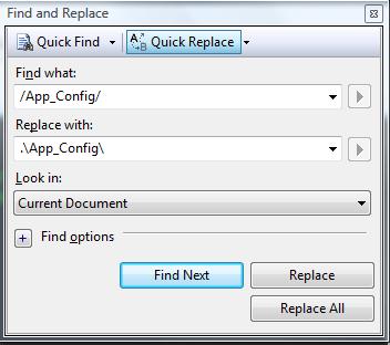Find and replace configuration